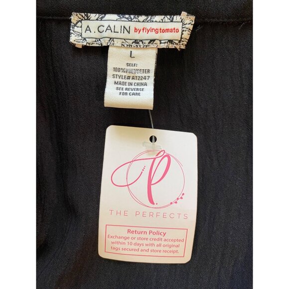 A. Calin By Flying Tomato Blouse Women L Black Long-Sleeve Smocked Cuffs Peasant - Picture 4 of 14